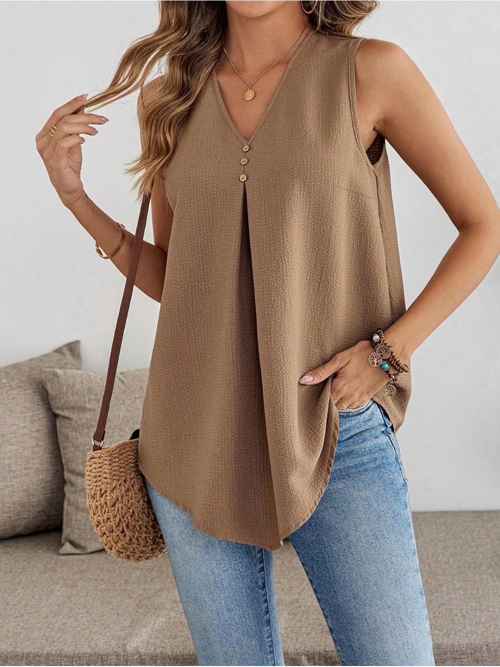 A289 SOLY HUX V Neck Pleated Tank Top Sleeveless Large Tunic Vest Shirt NEW